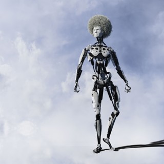 Angry cyborg man with afro