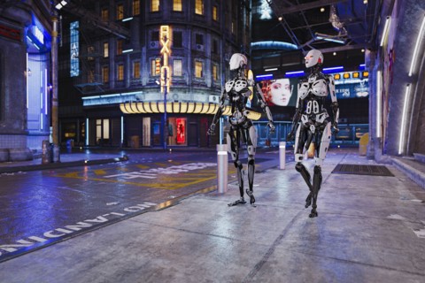 Robot couple walking in futuristic city