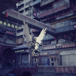 Robot angel in futuristic city