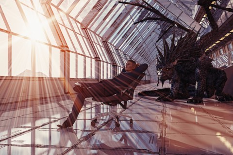 Dragon behind businessman leaning in chair