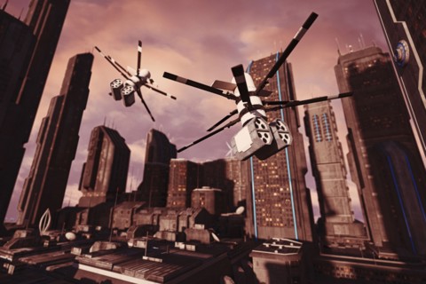 Drones flying in futuristic city