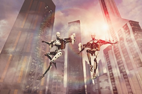 Robots flying near skyscrapers