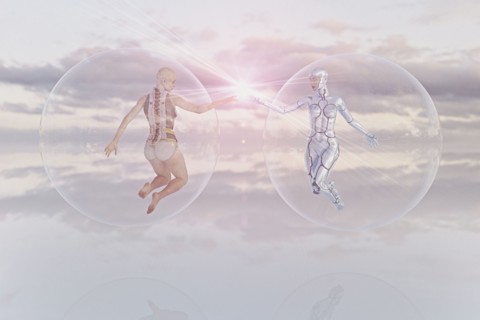 Futuristic women floating in sky in transparent spheres