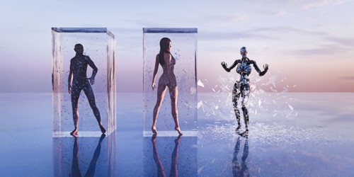 Robot breaking free from glass cube near man and woman