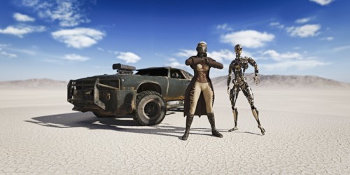 Woman and robot near car in desert