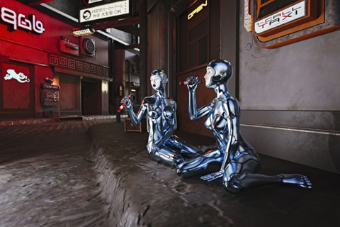 Robots sitting on sidewalk and vaping