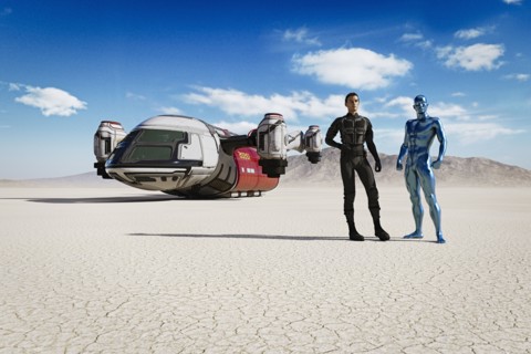 Man and robot in desert with futuristic vehicle