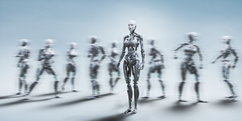 Robot woman standing still near walking robots
