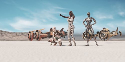 Women and robot searching desert near futuristic vehicles