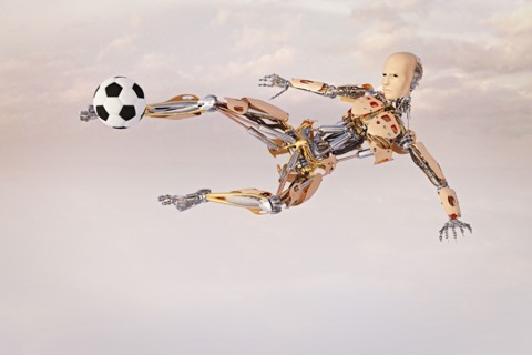 Robot volleying soccer ball in sky