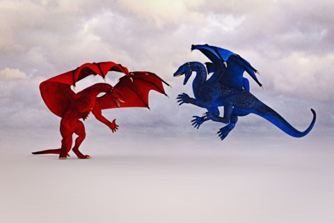Red and blue dragons fighting