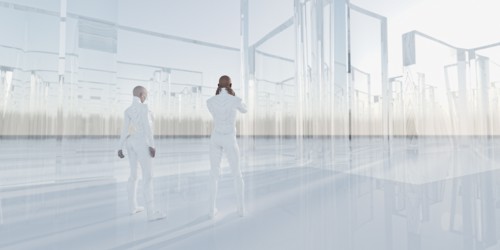 People standing near glass maze