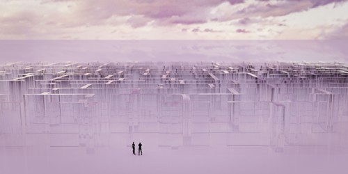 People standing near glass maze