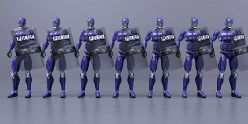 Futuristic robot police holding shields