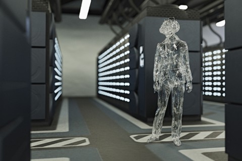 Transparent businessman wearing virtual reality goggles in server room