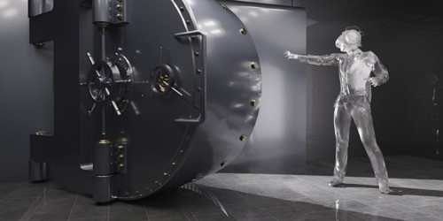 Businessman wearing virtual reality goggles opening vault