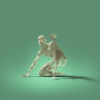 Transparent man kneeling in green background