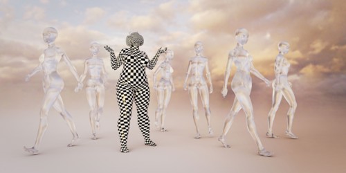 Overweight woman wearing virtual reality goggles near slim women