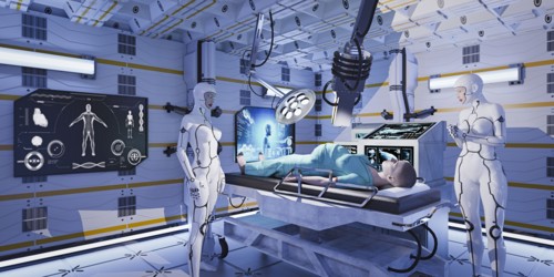 Robot nurses examining expectant mother