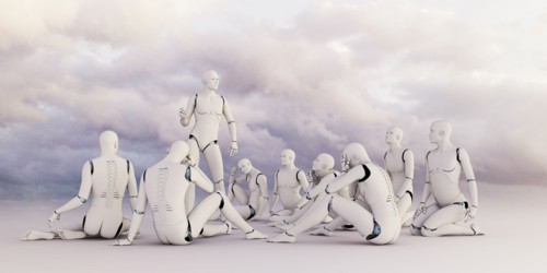 Robot man lecturing sitting robots