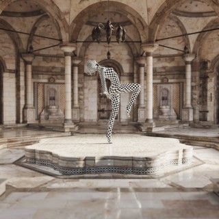 Checkered woman dancing wearing virtual reality goggles