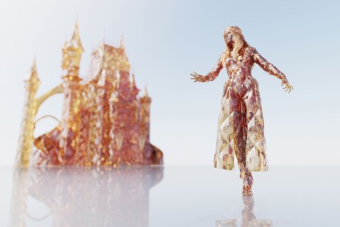 Futuristic woman near castle