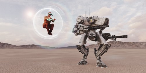 Man wearing virtual reality goggles in floating sphere imitating robot soldier