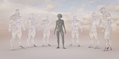 Checkered boy wearing virtual reality goggles near transparent men