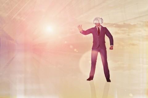 Businessman wearing virtual reality goggles