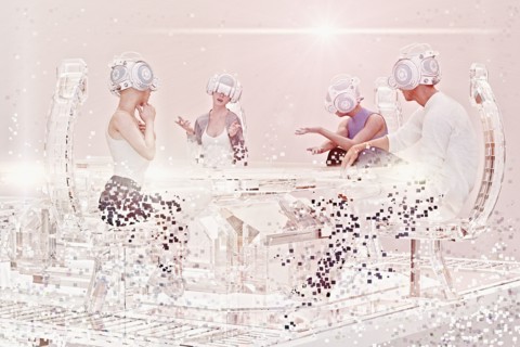 People in meeting wearing virtual reality goggles