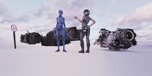 Futuristic police officer talking to speeding alien