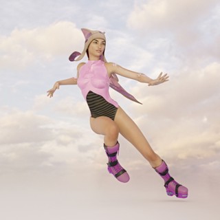 Futuristic woman wearing hovering boots in sky