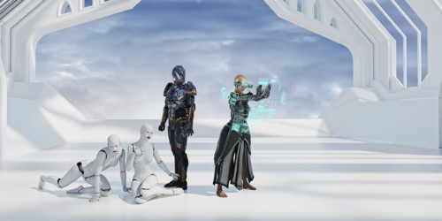 Woman where virtual reality goggles near robots