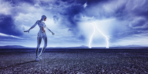 Robot woman watching distant lightning