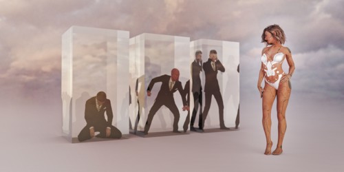 Robot woman staring at businessmen trapped in cubes