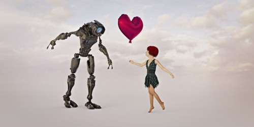 Barefoot girl giving heart-shape balloon to robot