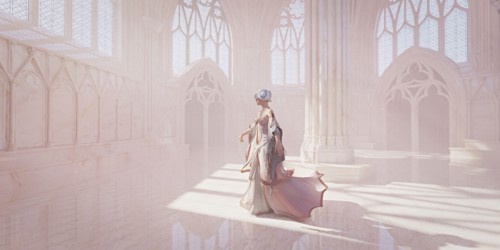Woman wearing dress and virtual reality goggles