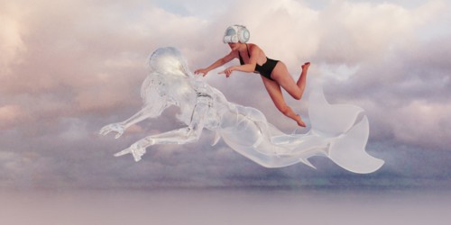 Woman wearing virtual reality goggles imitating mermaid