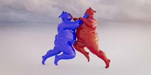 Red and blue sumo wrestlers fighting