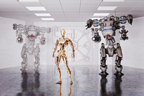 Robots guarding vault at bank