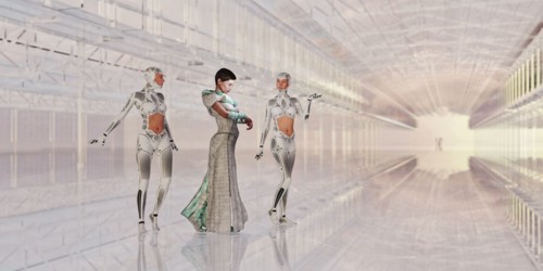 Woman and robots in futuristic corridor