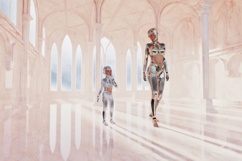Robot woman and girl walking