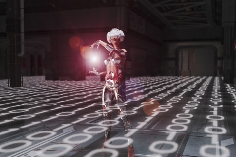 Woman standing in binary code where virtual reality goggles