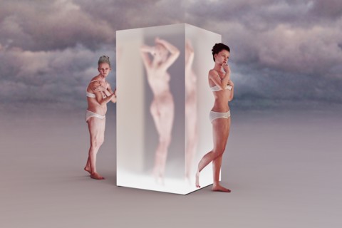 Older woman walking into cube changing to younger woman