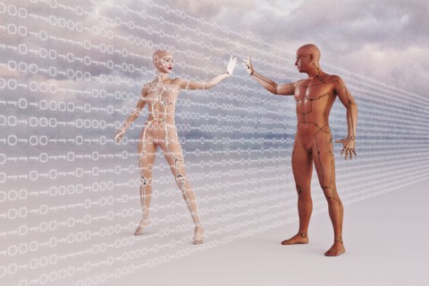 Futuristic man and woman touching through binary code