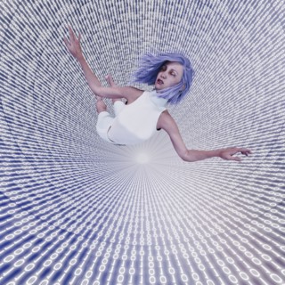 Woman floating in binary code vortex