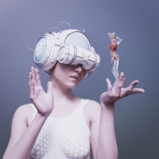 Woman wearing virtual reality helmet holding a transparent woman