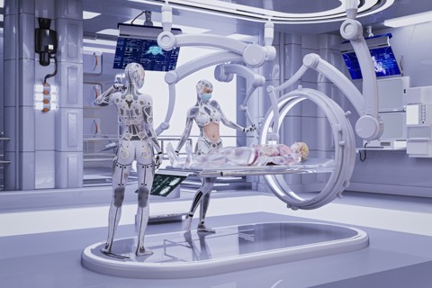 Futuristic nurses repairing cyborg