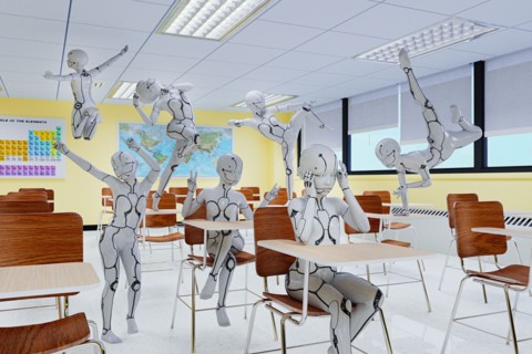 Unruly robot children in classroom