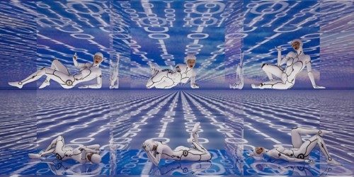 Cyborg women laying in binary code